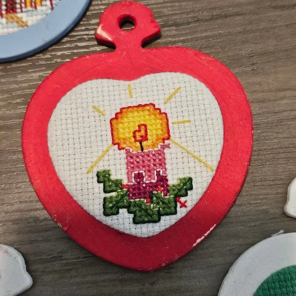 Vintage Christmas Cross Stitch Ornaments 80s Hand Made Santa Candle Snow Toys